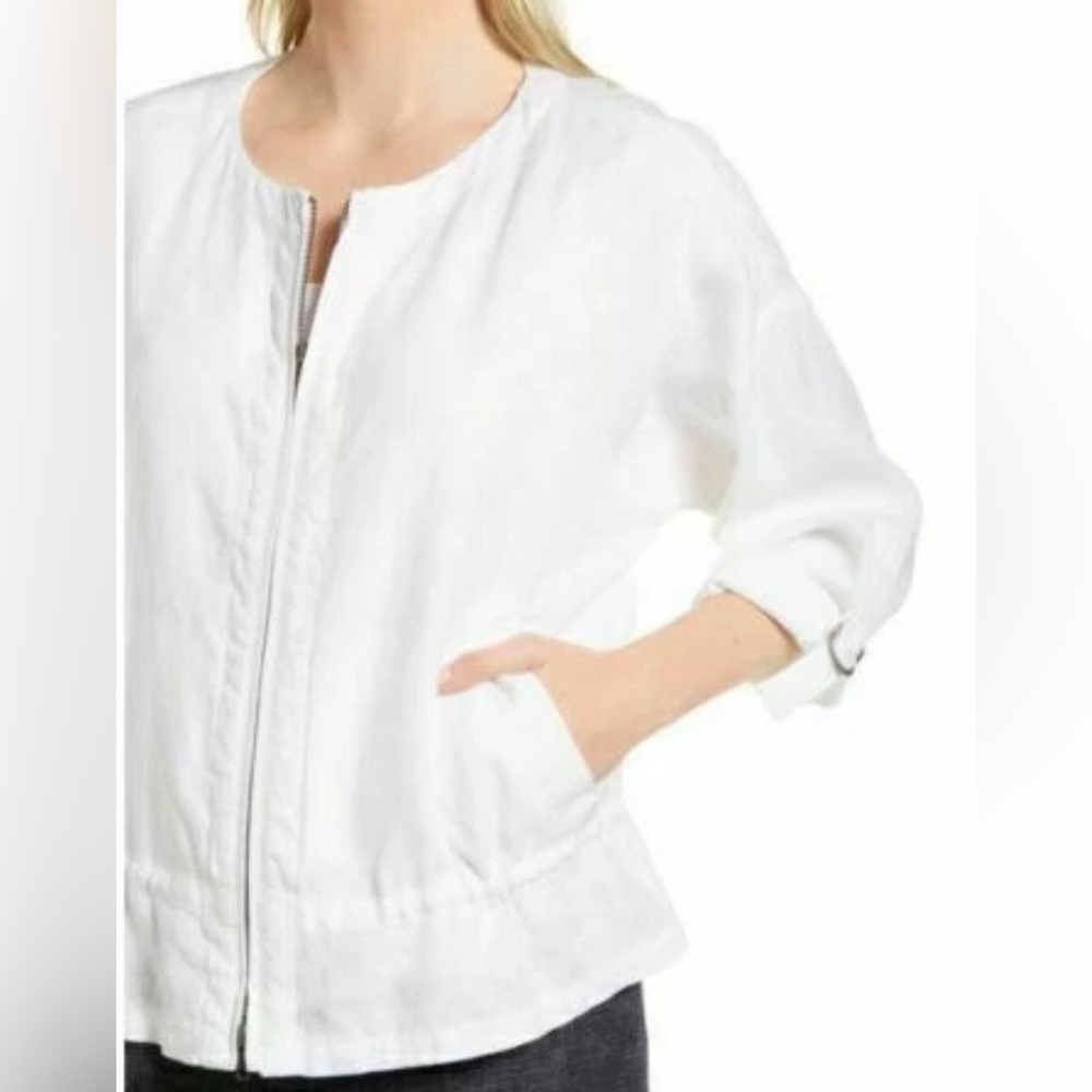 Eileen Fisher White Linen Oversized Full Zip Jacket, Size S